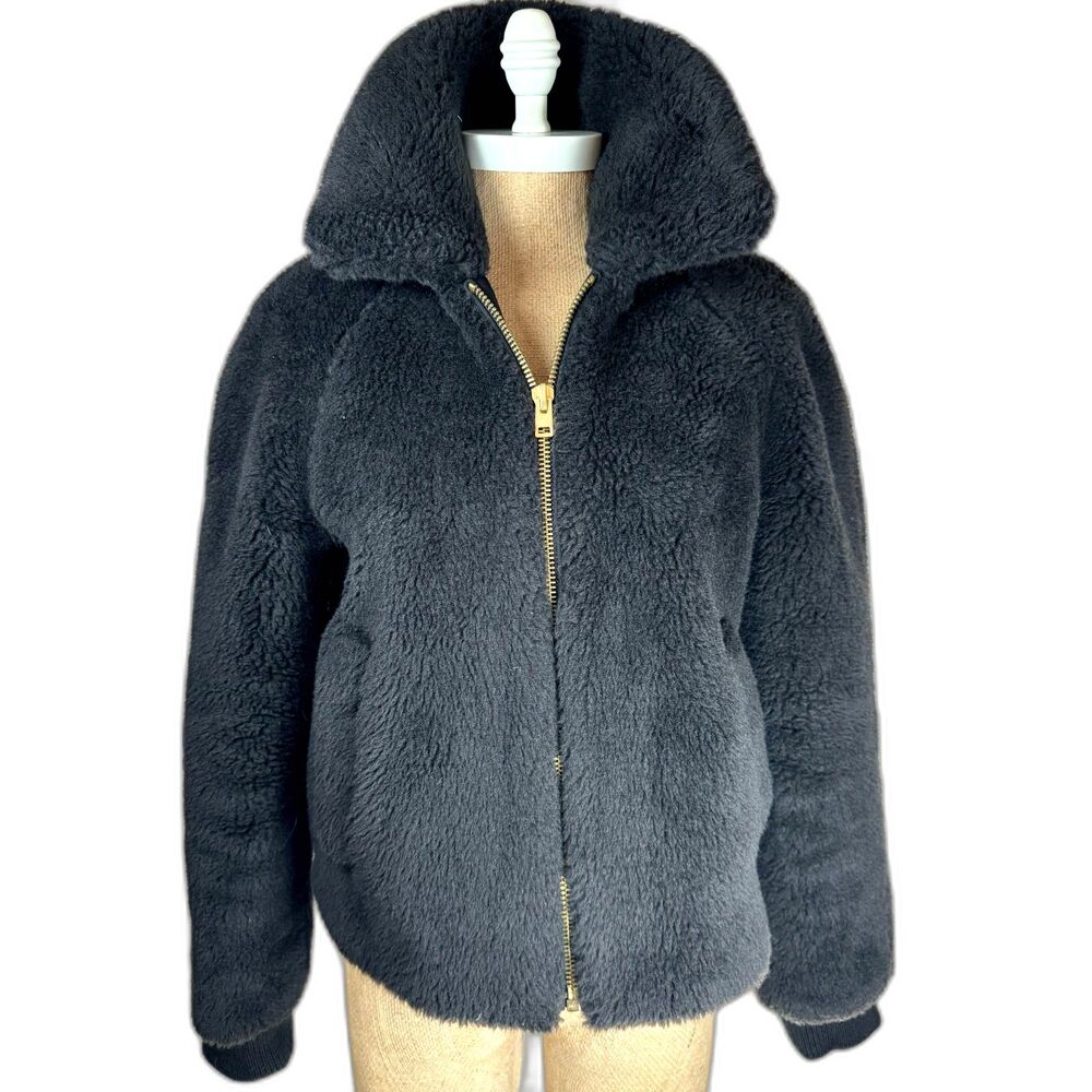 J.Crew Teddy Sherpa Lined Bomber Jacket Black Women’s Size S Gold Zipper AB877